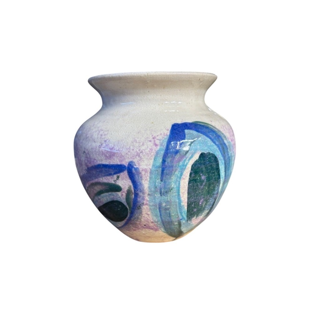Vintage Salt Glazed‎ Vase 5.75" Art Pottery Signed Blue Purple Strokes 80s/90s